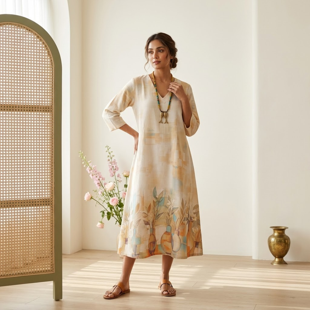 Pure Linen A-Line Digital Print Dress
