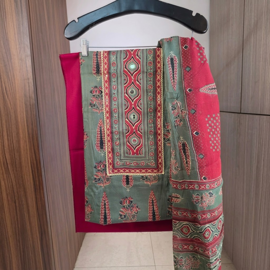 Maroon And Green Ajrakh print unstitched suit set