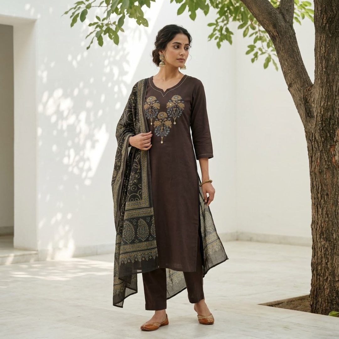 Coffee Brown Cotton Kurti With Mirror & Sequin Work