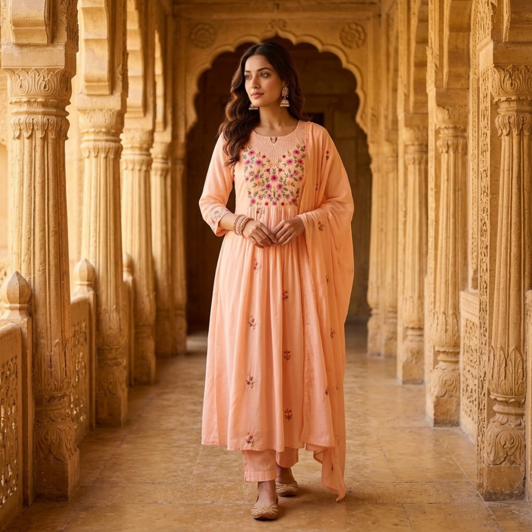 Peach Chanderi Embroidered Jaipuri Kurta Set