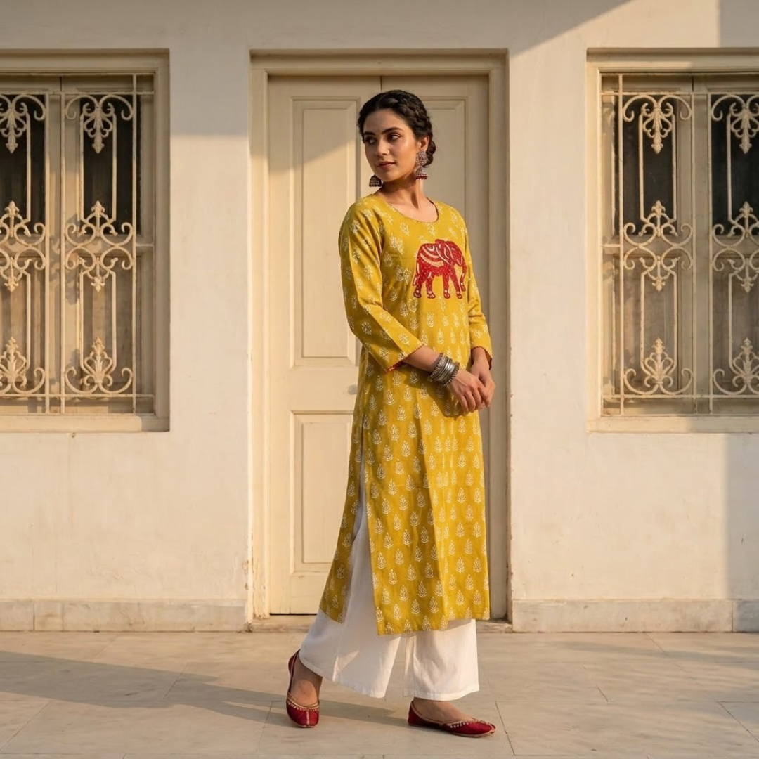 Mustard Yellow Cotton Block Print Kurta