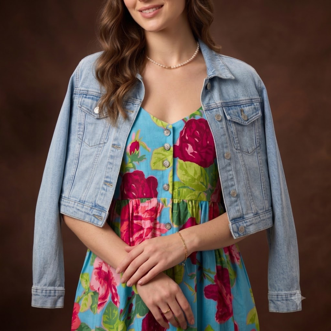 Red & Blue Printed Cotton Short Frock