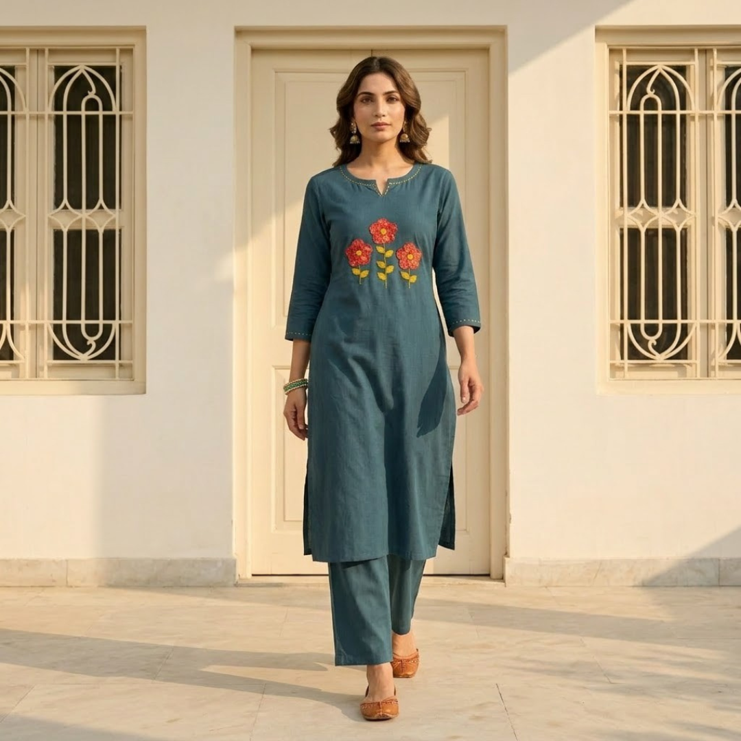 Bottle Green Applique work and sequence embroidery Kurti Set