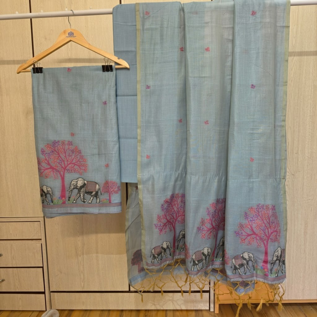 Blue Jamdani Muga Cotton