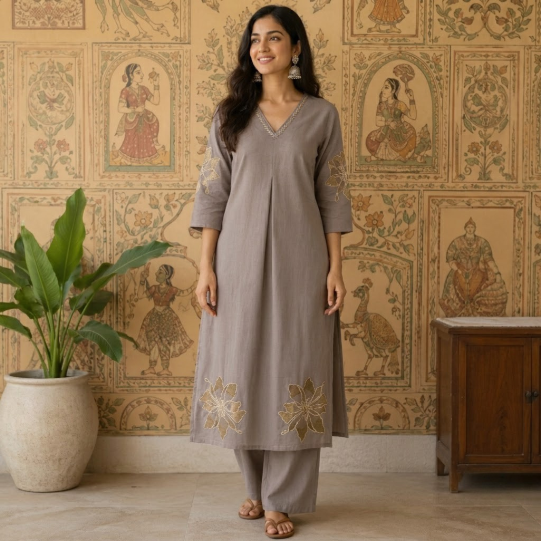 Beige With Neck Embroidery Kurta Set