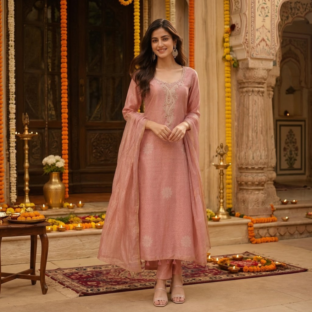 Pink Cotton Silk Hand Embroidery Dress Material