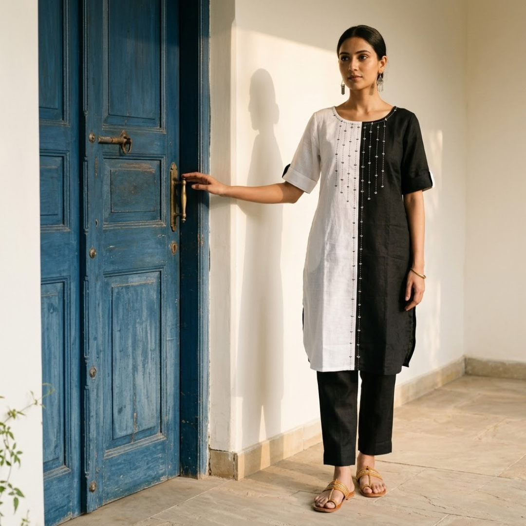 Black & White Cotton Embroidered Kurta
