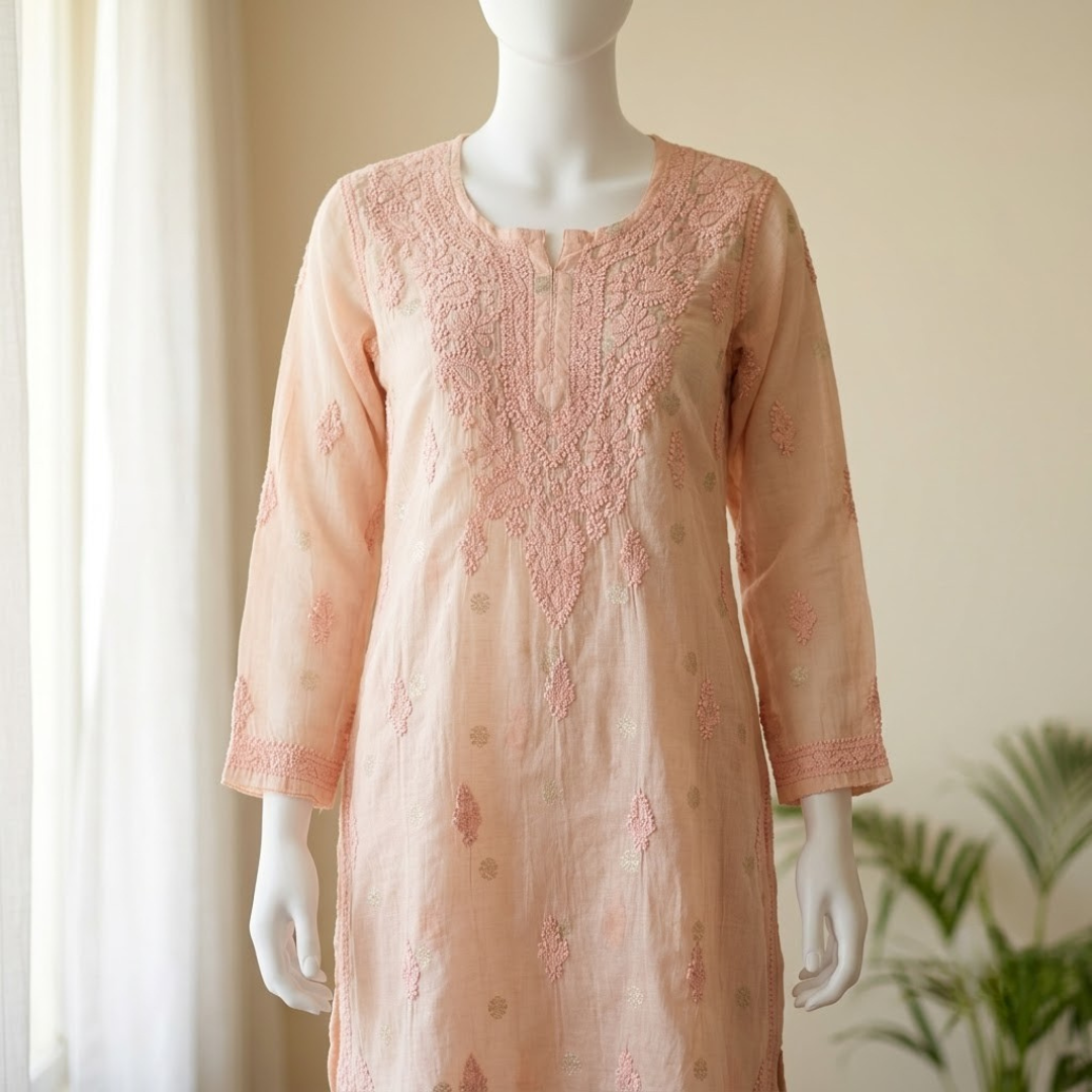 Cream Chikankari Chanderi Silk Short Kurta