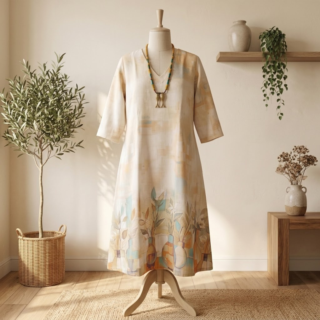 Pure Linen A-Line Digital Print Dress