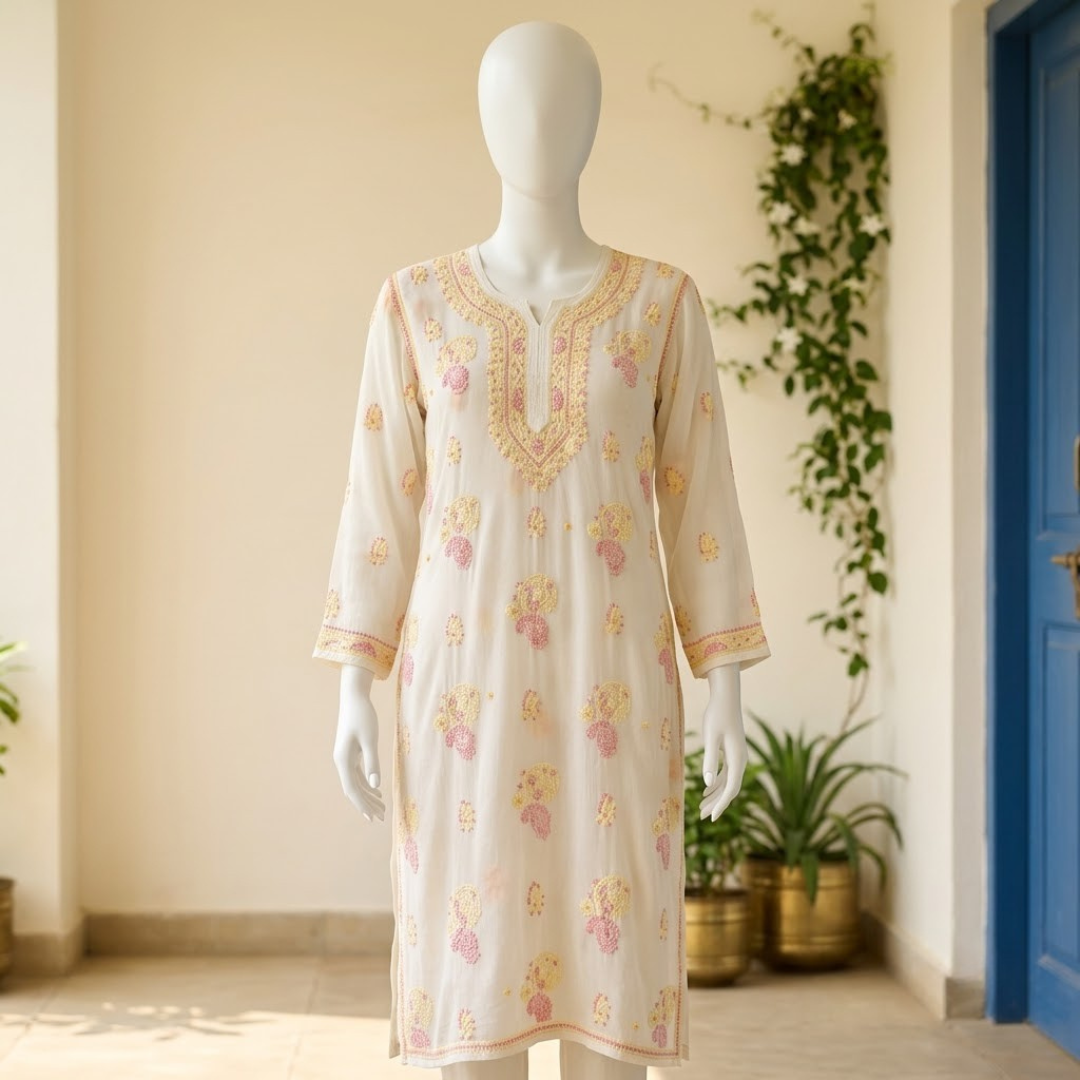 Yellow Pink Embroidery  On Cream Chikankari Kurta