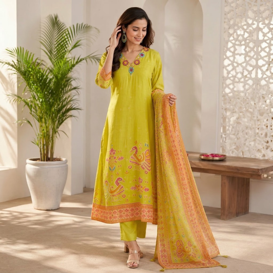 Mustard Green Pure Muslin Ikat Print Kurta Set