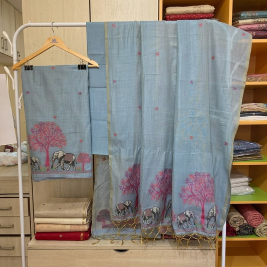 Blue Jamdani Muga Cotton