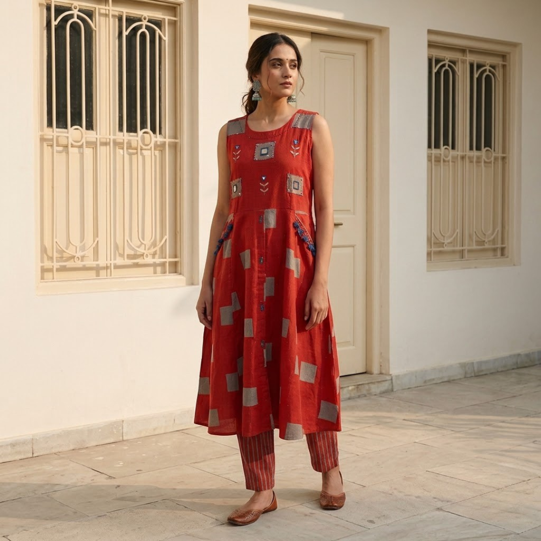 Maroon Cotton Kurti With Mirror & Sequin Work