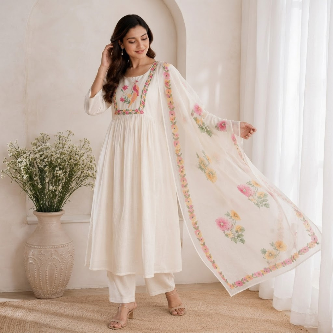 Cream Kota Cotton Embroidery Kurti Set