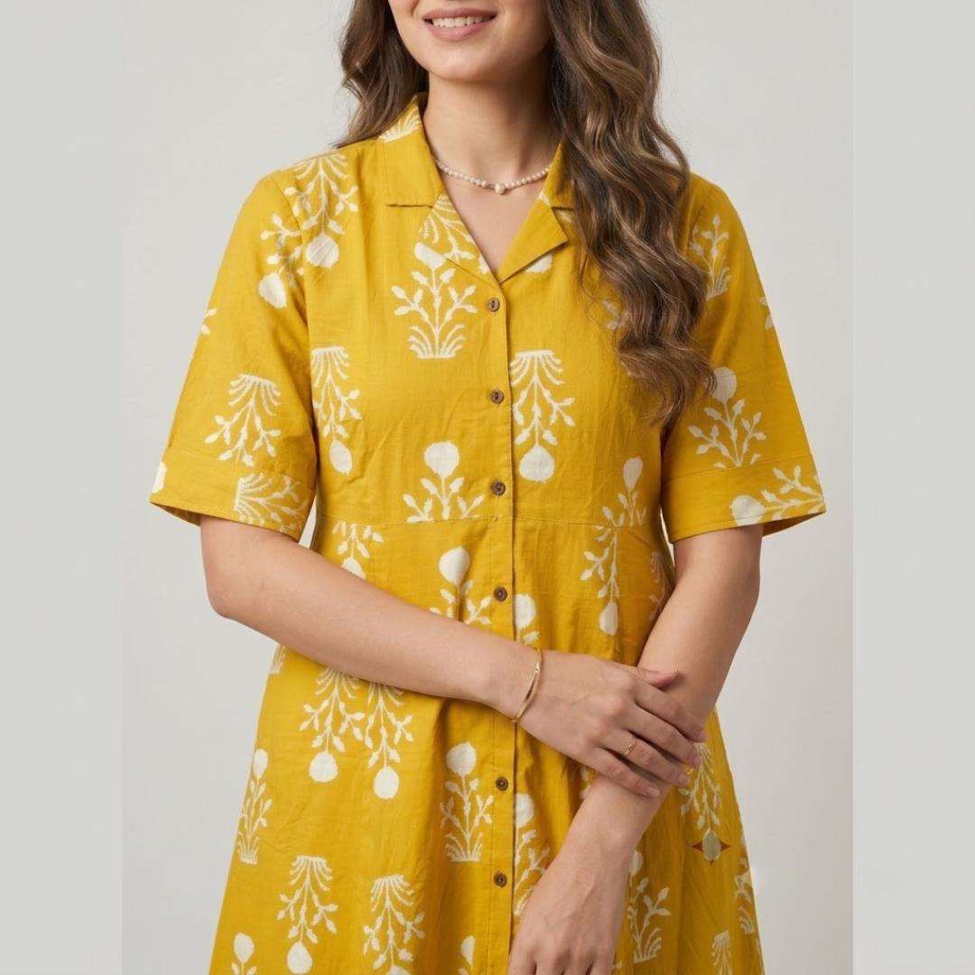 Yellow Cotton Hand Block Print Dress