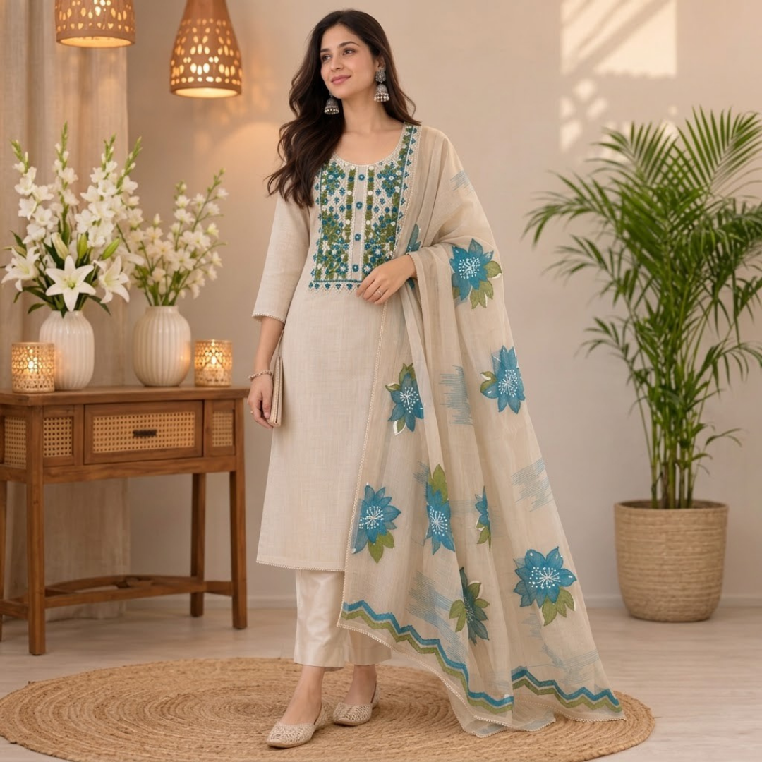 Bamboo Silk Dress Material with Embroidery