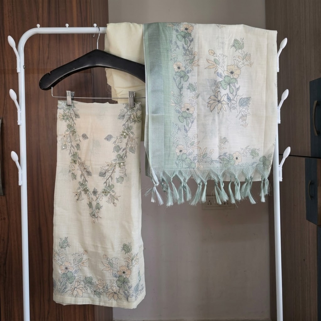 Cream With Green Floral Print Cotton Voile Unstitched Suit Set