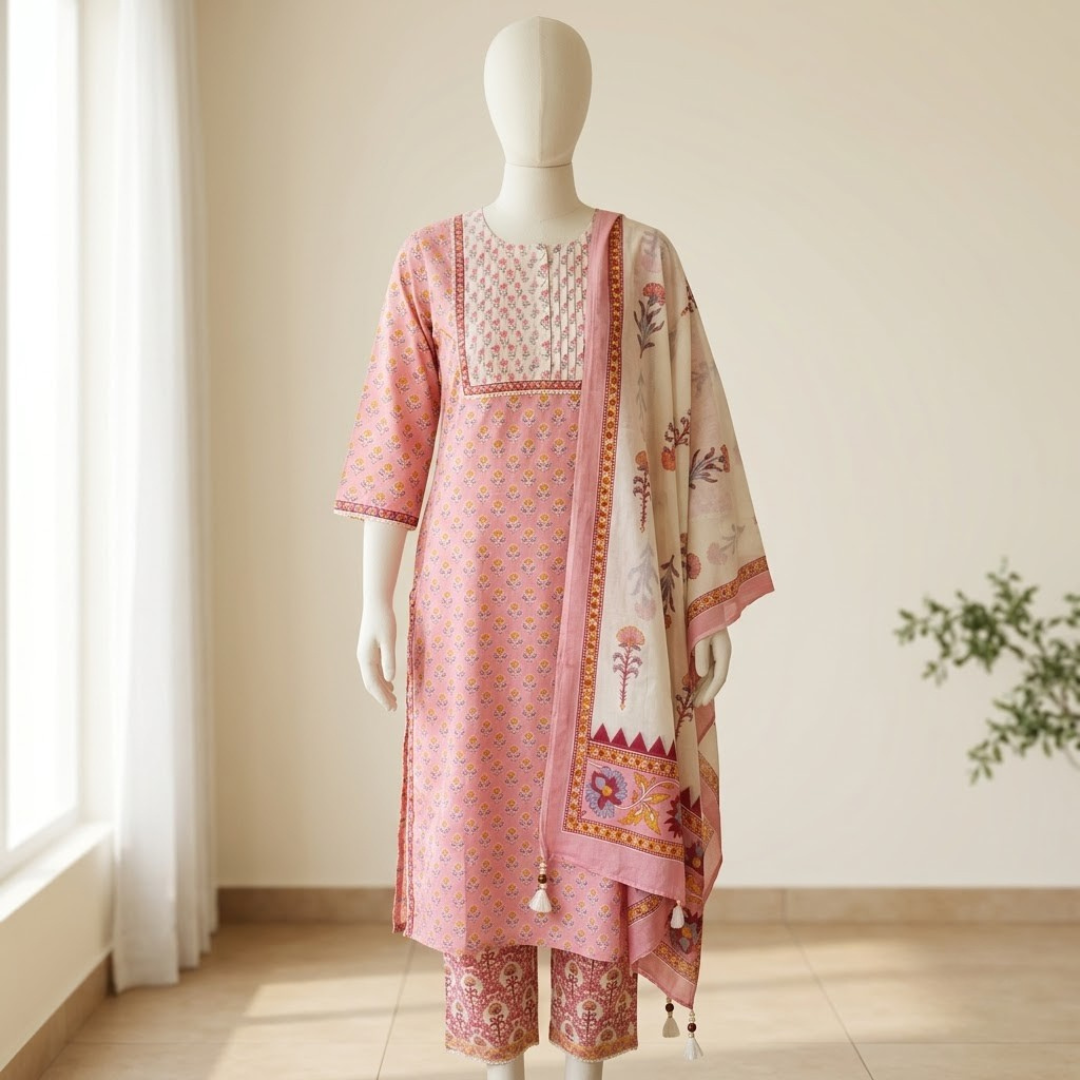 Pink Mul Cotton Pleated block print