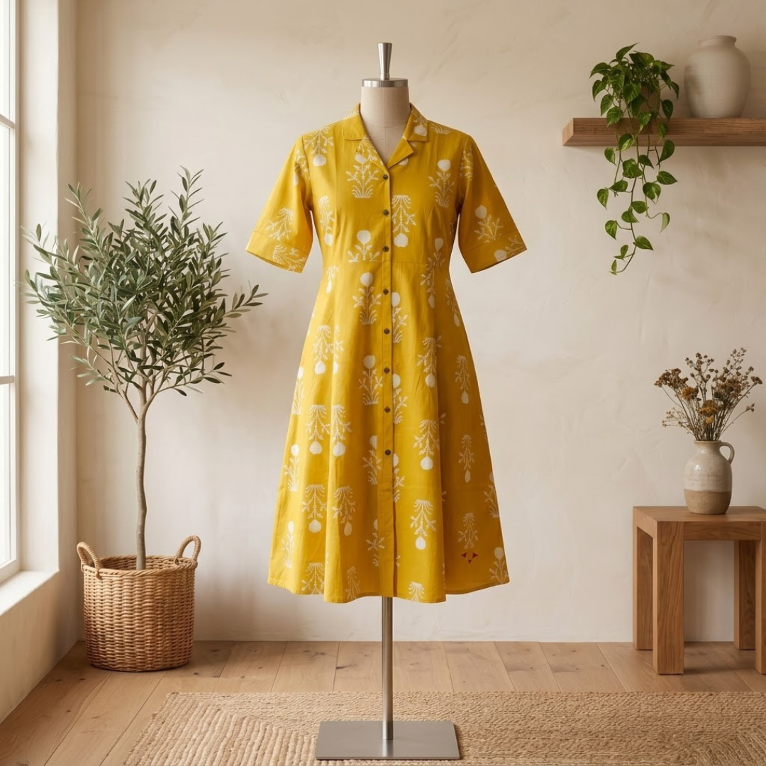 Yellow Cotton Hand Block Print Dress
