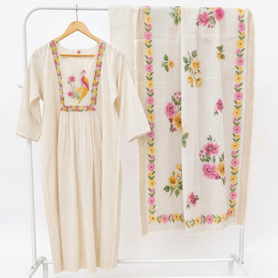 Cream Kota Cotton Embroidery Kurti Set