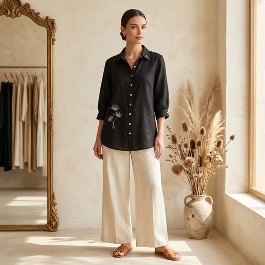 Black Linen Hand Embroided Shirt