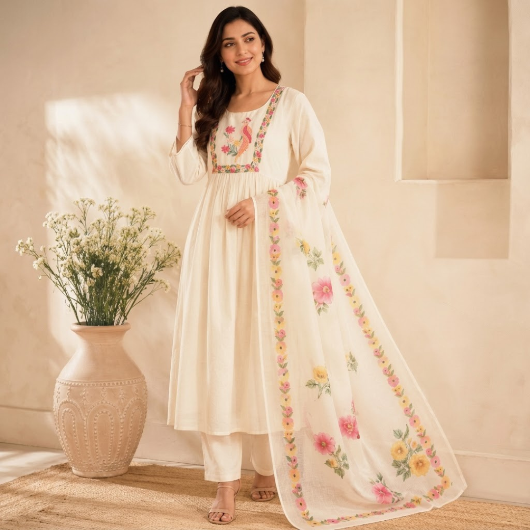 Cream Kota Cotton Embroidery Kurti Set