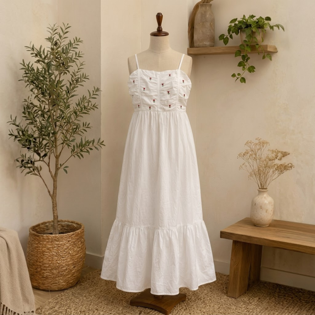 White Cotton Tulip Embroidery Dress