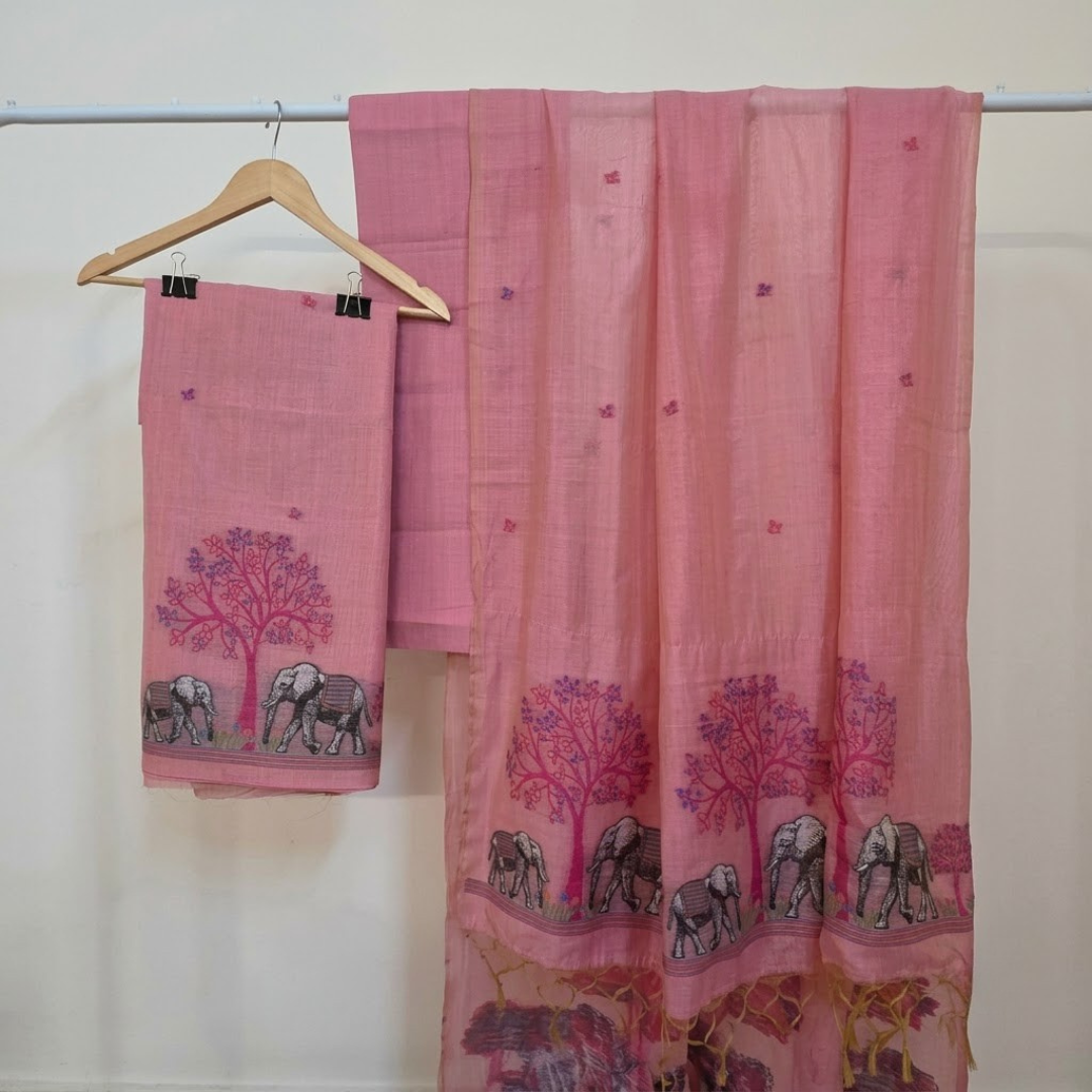 Pink Jamdani Muga cotton Suit Set