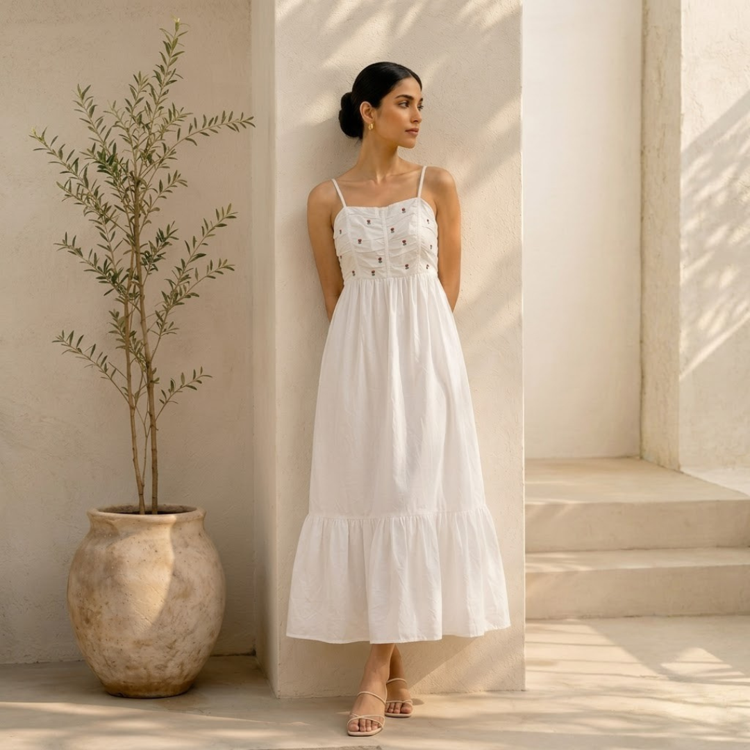 White Cotton Tulip Embroidery Dress
