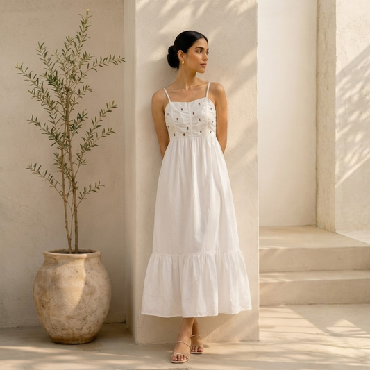 White Cotton Tulip Embroidery Dress