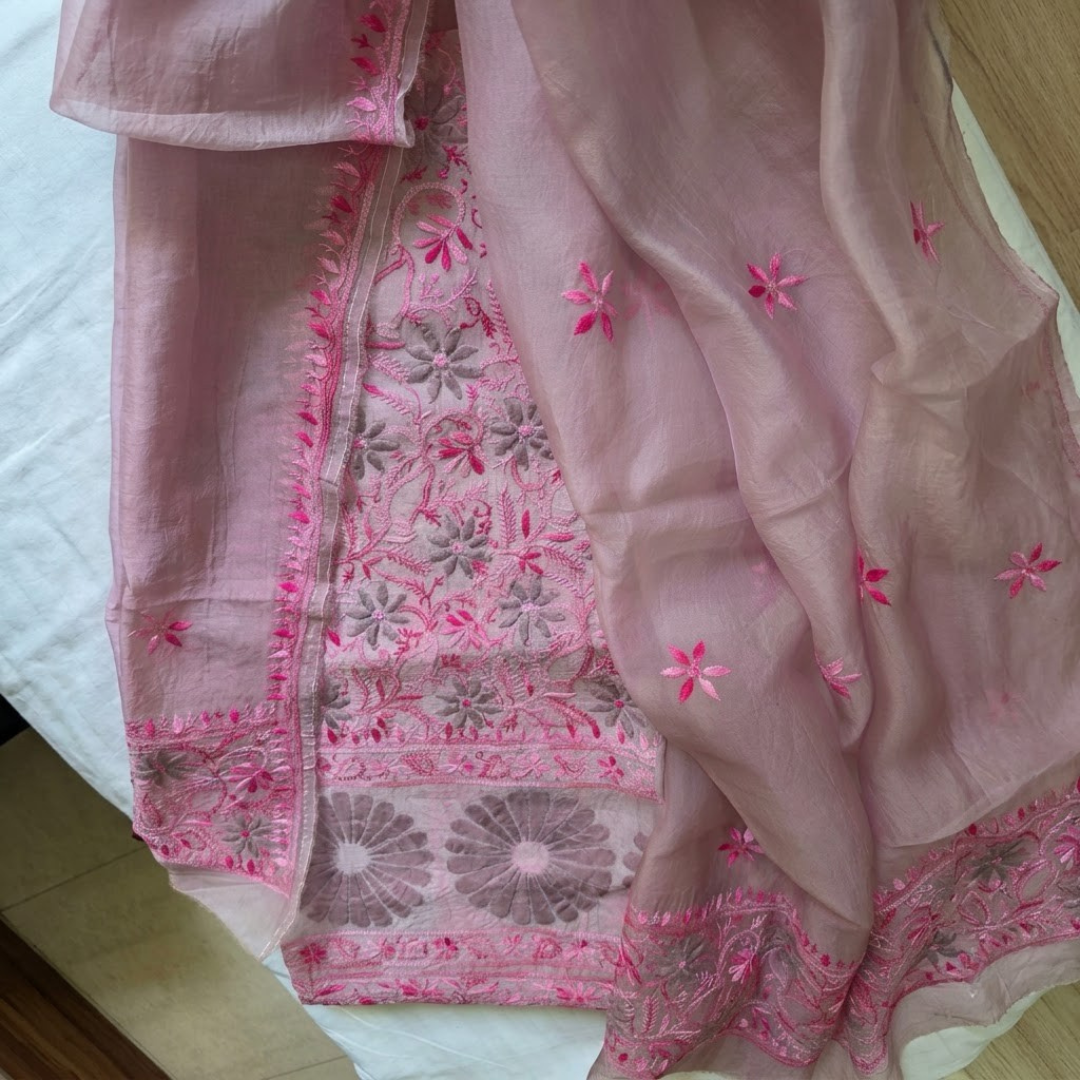 Chikankari Jaal work organza suit set