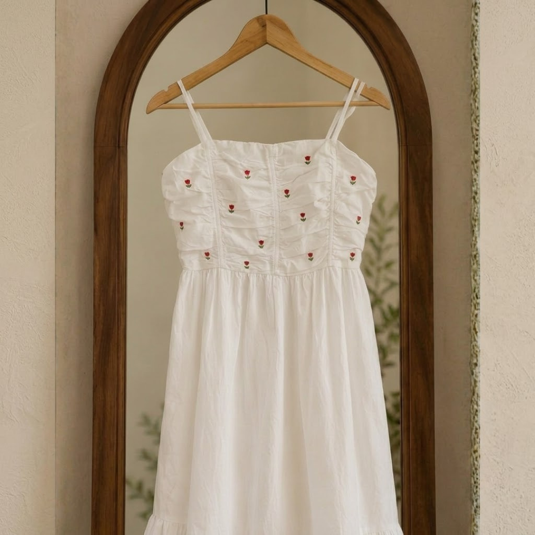 White Cotton Tulip Embroidery Dress