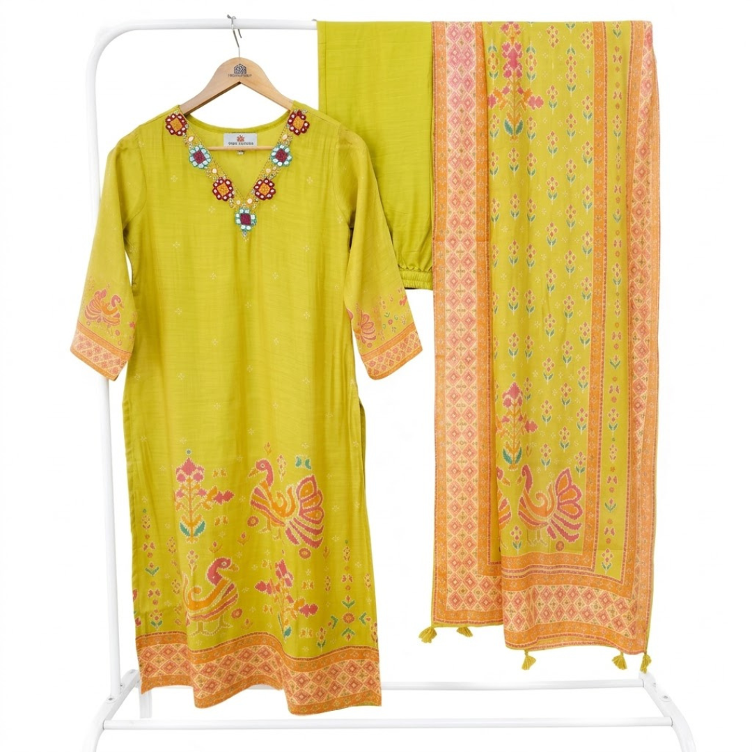 Mustard Green Pure Muslin Ikat Print Kurta Set