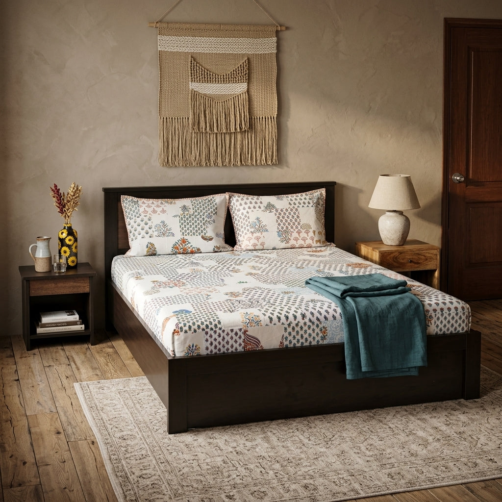 Jaipur white floral pathwork double bedsheet