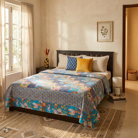 Jaipur blue floral pathwork double bedsheet