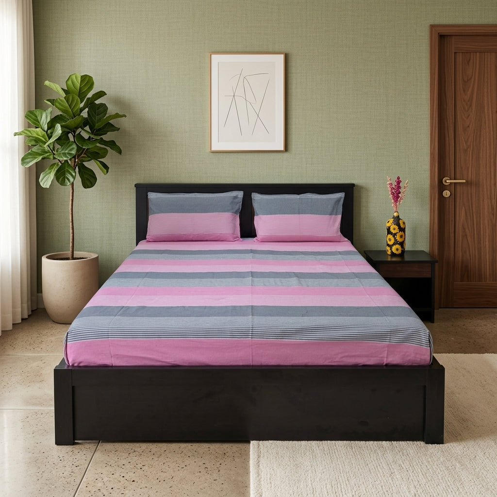 Pink Grey handloom bedsheet