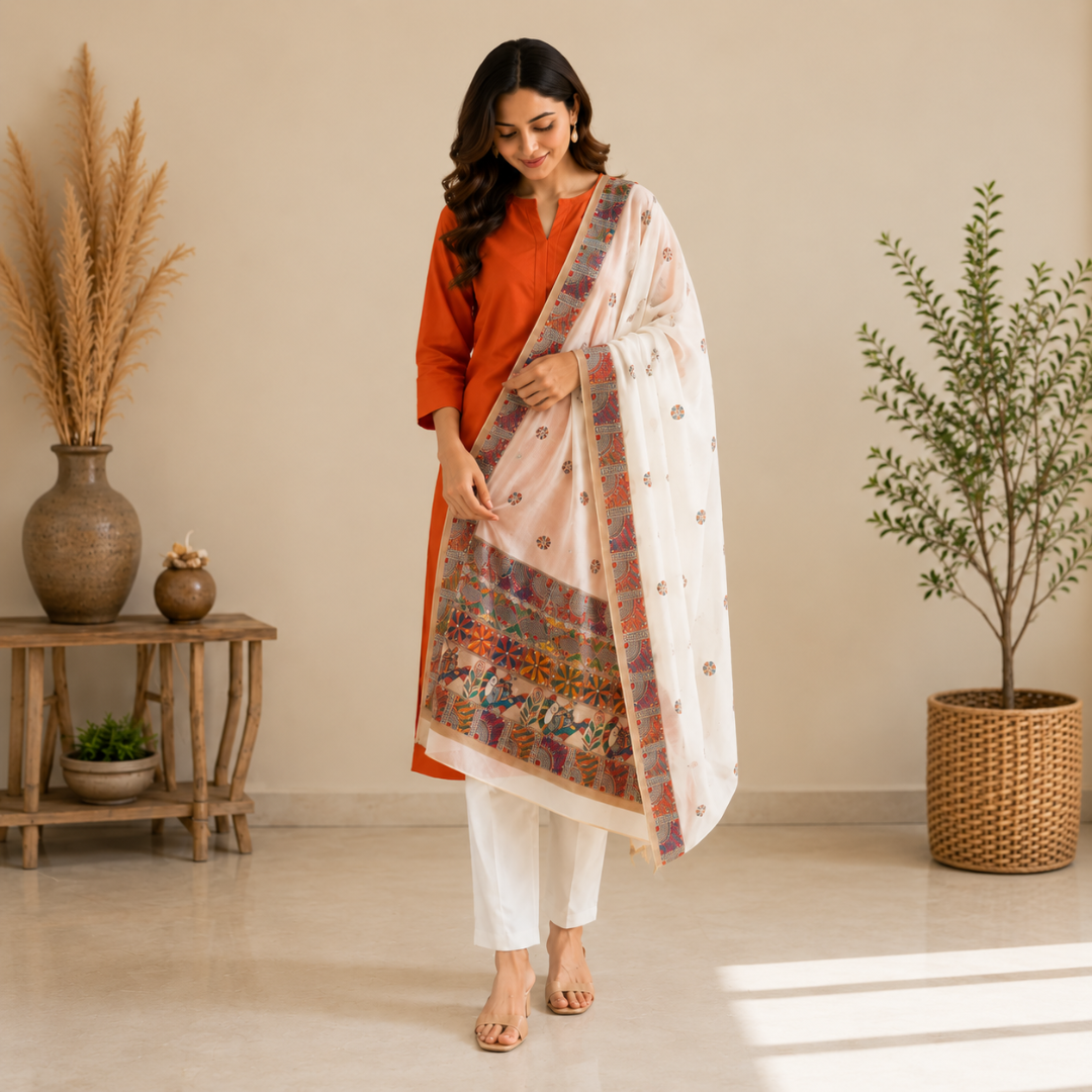 Madhubani Hand Painted Cream Colour Lotus Motif Dupatta
