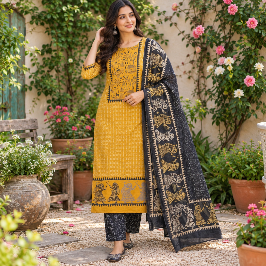 Mustard Yellow Warli Art Hand block Dress Material
