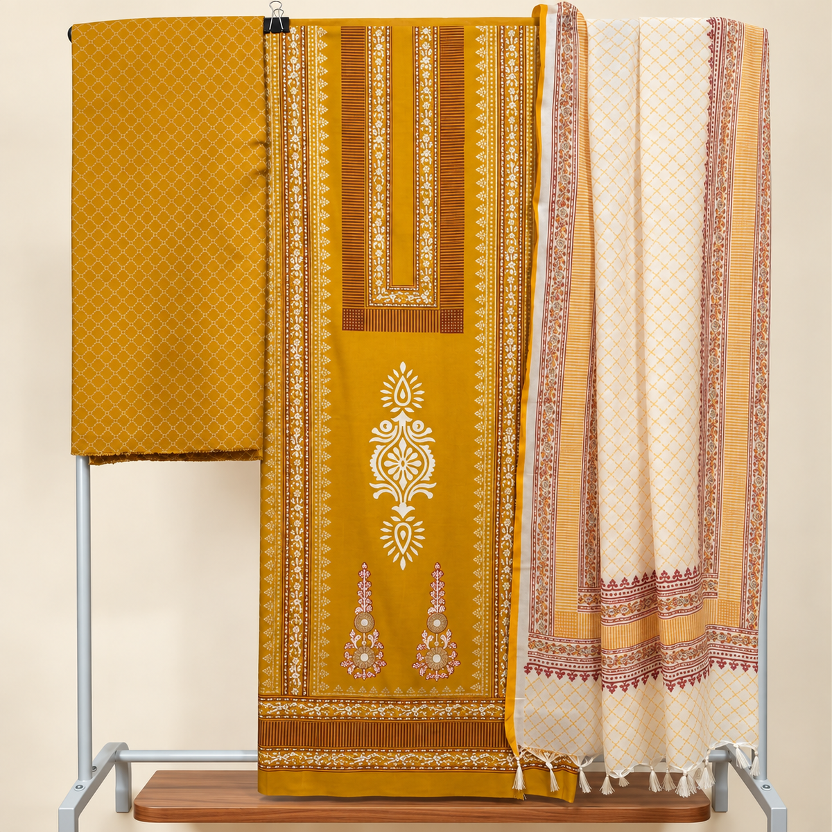 Mustard Yellow Hand Block Print Dress Material