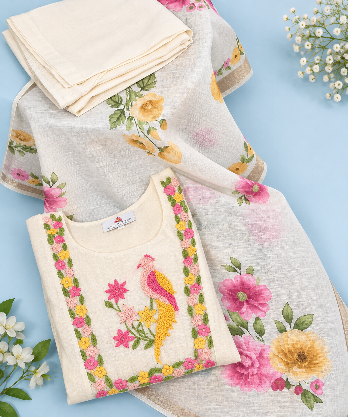 Cream Kota Cotton Embroidery Kurti Set