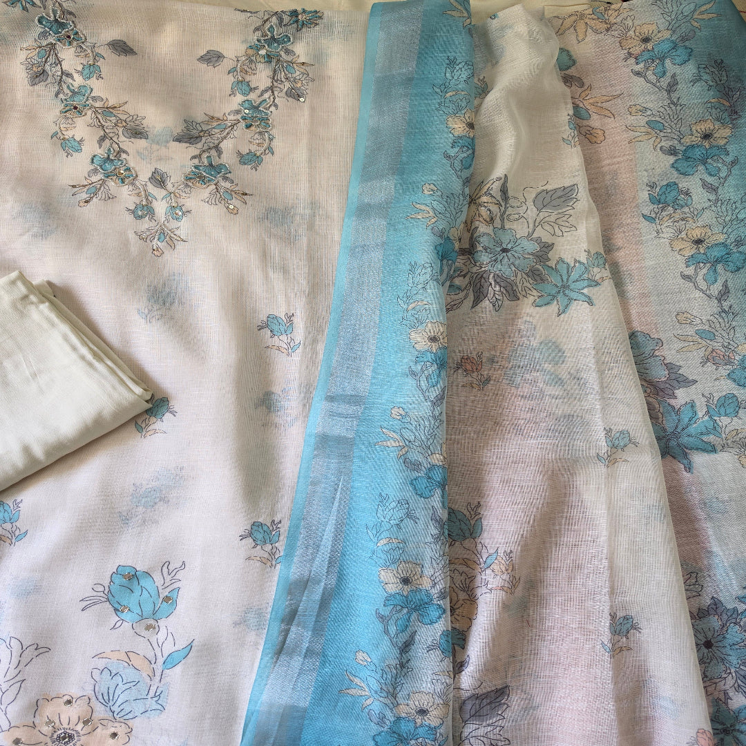 Cream With Blue Floral Print Cotton Voile Unstitched Suit Set