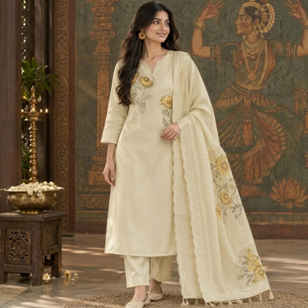 Cream Chanderi Silk Sunflower Embroidery Kurta Set