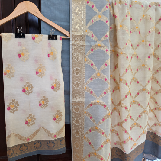 Cream Grey Banarasi Handwoven Silk Cotton suit set
