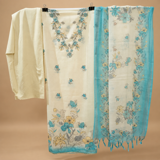 Cream With Blue Floral Print Cotton Voile Unstitched Suit Set