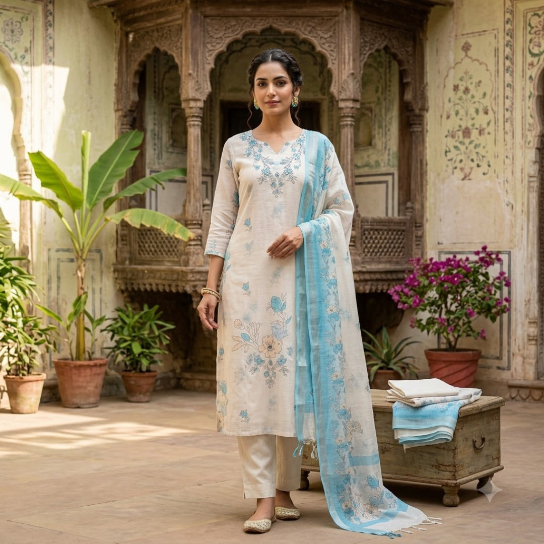 Cream With Blue Floral Print Cotton Voile Unstitched Suit Set