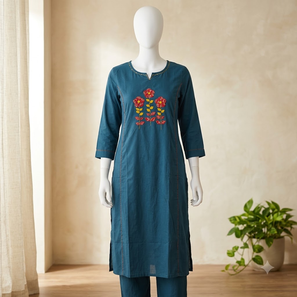 Bottle Green Applique work and sequence embroidery Kurti Set
