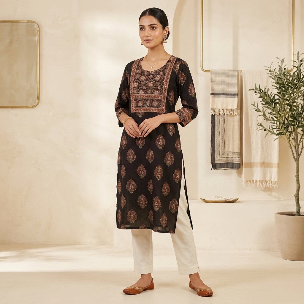 Black Jaipuri Embroidery Kurti