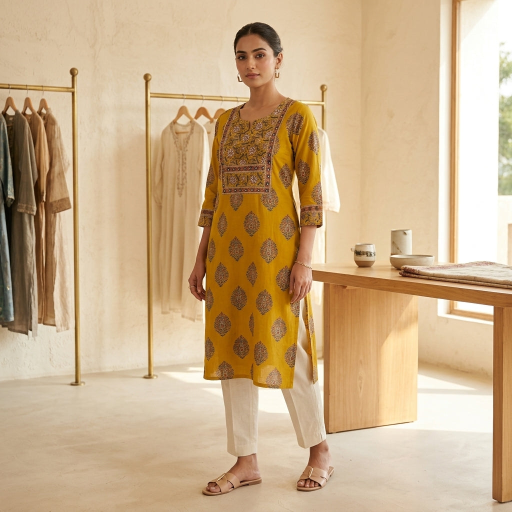 Yellow Hand Embroidery Kurti