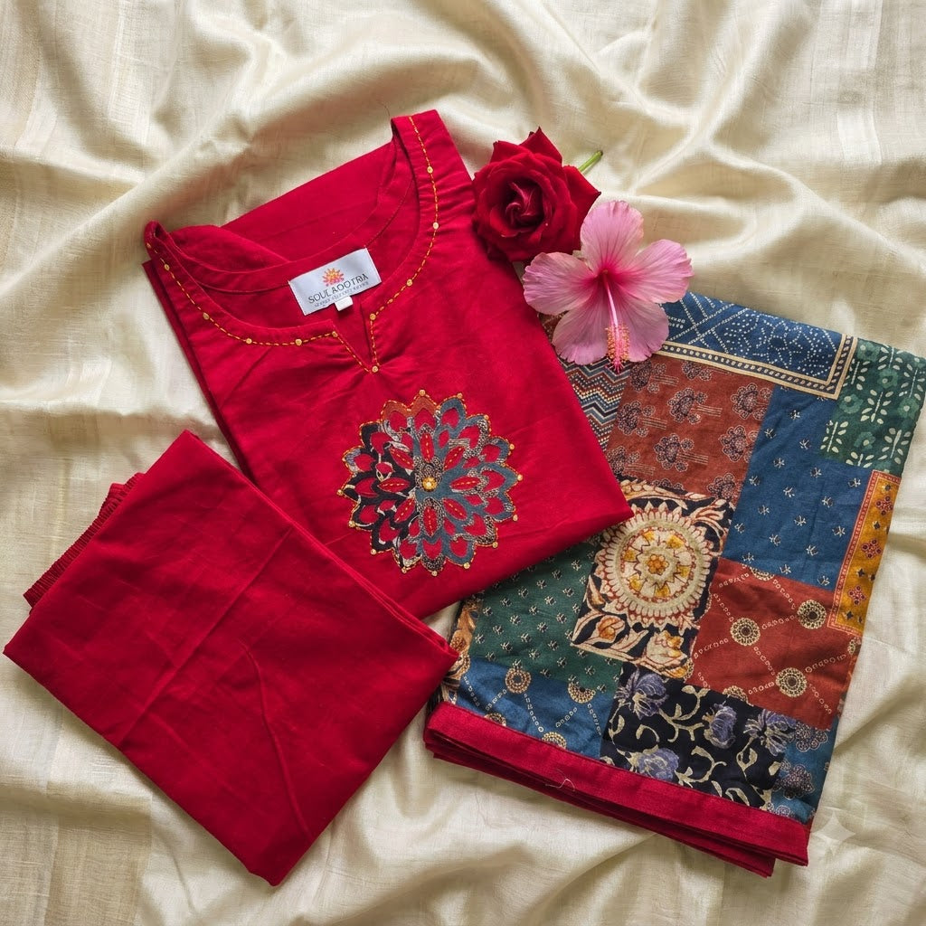 Red Cotton Jaipuri Kurti Set