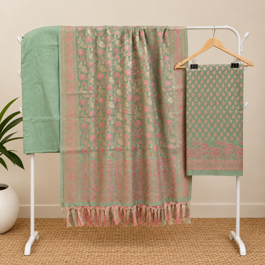 Green Pink Banarasi Handwoven Silk Cotton suit set